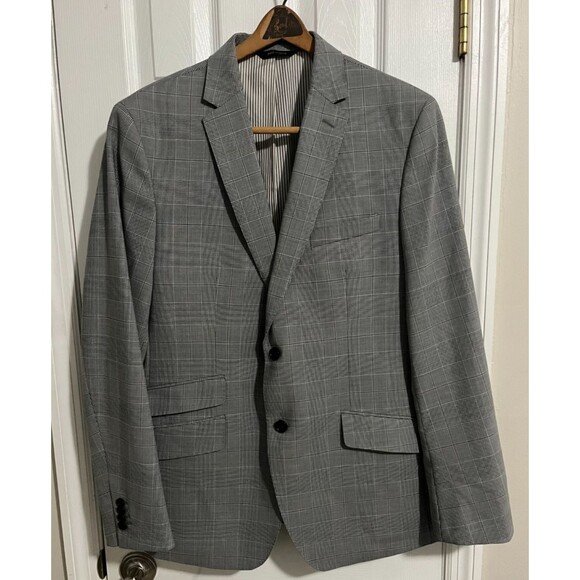 Size-Large Banana Republic Italian Fabric Blazer 44R Gray Windowpane Mens Coat - Picture 2 of 12